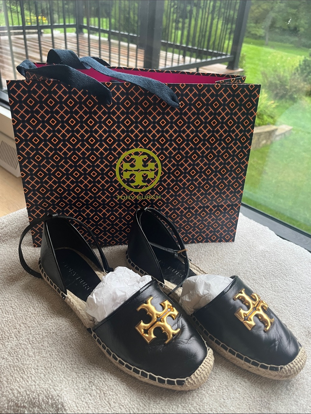 Tory Burch Black Leather Espadrilles with Gold Logo Medallion